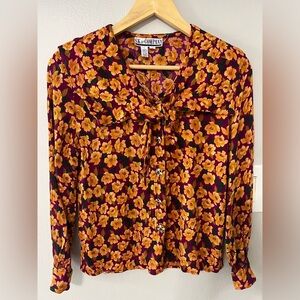 Vintage 90s Floral Blouse | SK & Company | Gold Button Top Shoulder Pads Size S